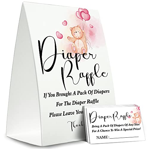 Diaper Raffle Sign,Diaper Raffle Baby Shower Game Kit (1 Standing Sign + 50 Guessing Cards),Pink Balloon Bear Insert Ticket,Baby Showers Decorations,Card for Baby Shower Game to Bring a Pack of Diapers-XN05