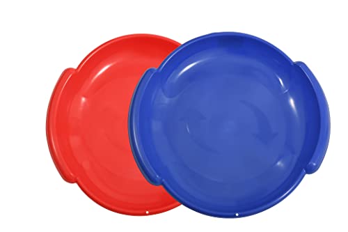 Superio Round Saucer Snow Sled, 2 Pack Red Spiral Plastic Sled with Handles 24″ Winter Snow Fun for Kids and Adults (Blue + Red)