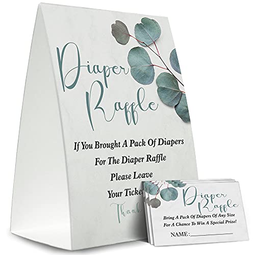 Diaper Raffle Sign,Diaper Raffle Baby Shower Game Kit (1 Standing Sign + 50 Guessing Cards),Greenery Insert Ticket,Baby Showers Decorations,Card for Baby Shower Game to Bring a Pack of Diapers-XN18