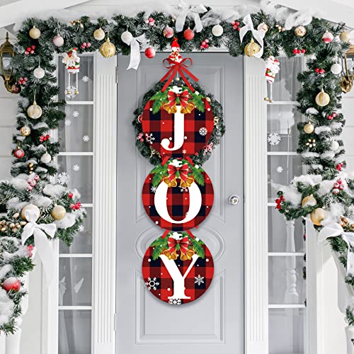 Tatuo Christmas Joy Wreath Hangers Buffalo Check Plaid Christmas Wreath Signs Xmas Felt Hanging Sign with Bell Rustic Christmas Ornament for Christmas Holiday Home Farmhouse Party Decoration Supplies