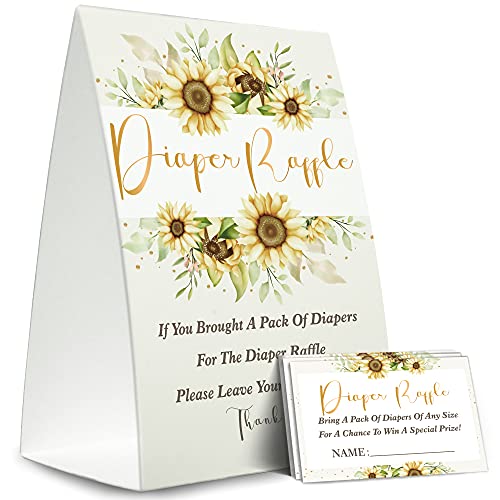Diaper Raffle Sign,Diaper Raffle Baby Shower Game Kit (1 Standing Sign + 50 Guessing Cards),Sunflower Greenery Golden Insert Ticket,Baby Showers Decorations,Card for Baby Shower Game to Bring a Pack of Diapers-XN10