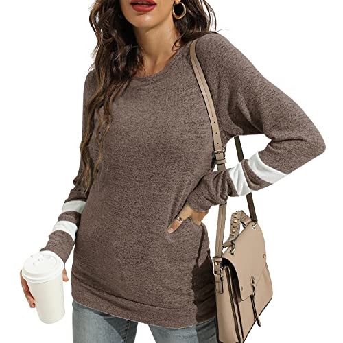 Qcyuui Womens Color Block Sweatshirts Crewneck Sweaters Long Sleeve Shirts Fleece Tunic Tops(Coffee,Small)