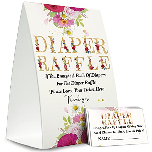 Diaper Raffle Sign,Diaper Raffle Baby Shower Game Kit (1 Standing Sign + 50 Guessing Cards),Greenery Blush Pink Floral Insert Ticket,Baby Showers Decorations,Card for Baby Shower Game to Bring a Pack of Diapers-XN17