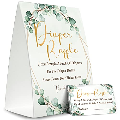 Diaper Raffle Sign,Diaper Raffle Baby Shower Game Kit (1 Standing Sign + 50 Guessing Cards),Greenery Insert Ticket,Baby Showers Decorations,Card for Baby Shower Game to Bring a Pack of Diapers-XN31