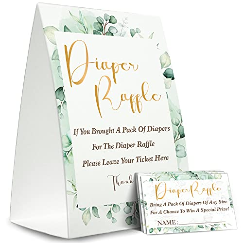 Diaper Raffle Sign,Diaper Raffle Baby Shower Game Kit (1 Standing Sign + 50 Guessing Cards),Greenery Insert Ticket,Baby Showers Decorations,Card for Baby Shower Game to Bring a Pack of Diapers-XN30