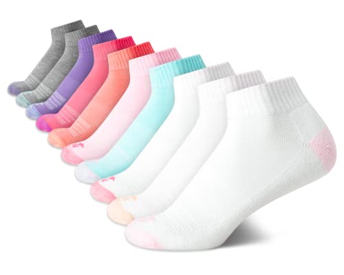 Avia Girls Athletic Performance Cushion Quarter Cut Ankle Socks (10 Pack), Size Large/Shoe Size: 4-10 , Brights/Grey