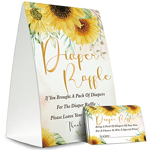 Diaper Raffle Sign,Diaper Raffle Baby Shower Game Kit (1 Standing Sign + 50 Guessing Cards),Sunflower Greenery Golden Insert Ticket,Baby Showers Decorations,Card for Baby Shower Game to Bring a Pack of Diapers-XN09