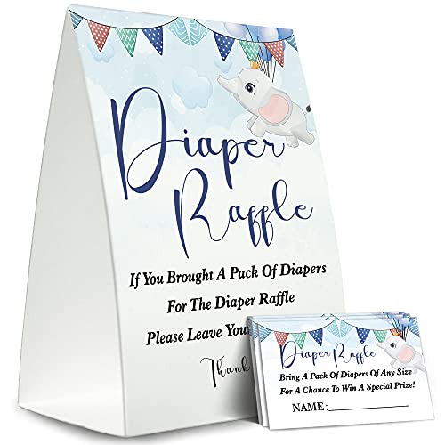 Diaper Raffle Sign,Diaper Raffle Baby Shower Game Kit (1 Standing Sign + 50 Guessing Cards),Elephant Bunting Raffle Insert Ticket,Baby Showers Decorations,Card for Baby Shower Game to Bring a Pack of Diapers-XN25