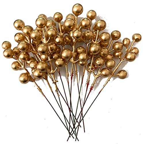 Fake Christmas Picks Artificial Glitter Golden Berry Stem Ornaments Decorative Sticks for Christmas Tree DIY Wreath Crafts Gift Fireplace Holiday Home Decor (30, Golden)