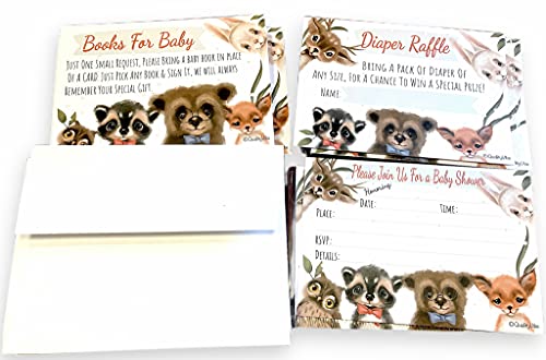 Baby Shower Invitations Woodland Creatures For Baby Boy or girl. Set Includes 25 Invites, 25 Baby Book Inserts, 25 Diaper Raffle & 25 Envelopes. Watercolor Design Bear, Racoon, Deer, Rabbit & Fox.