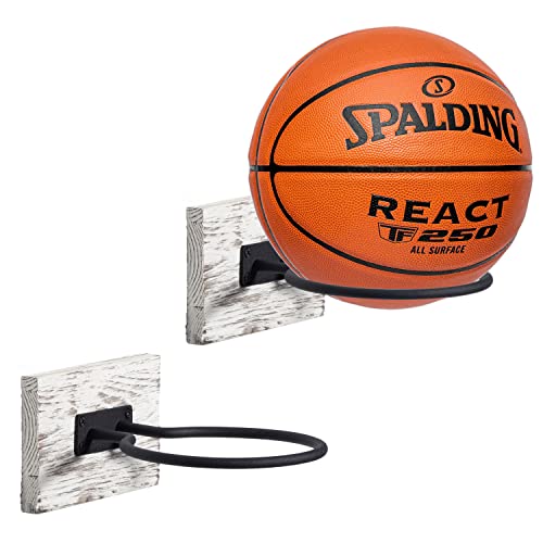 MyGift Wall-Mounted Sport Ball RackDisplay Holder – Whitewashed Wood and Metal Hanging Gym Basketball Football Volleyball Soccer Ball Equipment Storage, Set of 2