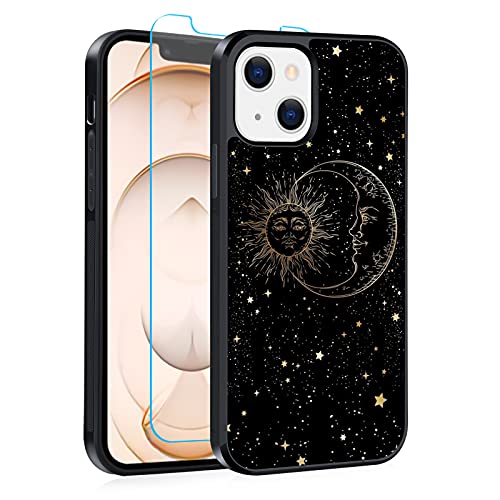 tharlet Compatible with iPhone 13 Case, Tire Outline Glitter Soon Moon Stars Cute Pattern with iPhone 13 Case + Screen Protector iPhone 13 Case for Girls Women 6.1 inch (2021)