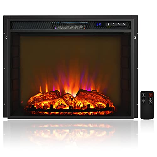 COSTWAY 26-Inch Electric Fireplace Inserts, 750W/1500W Wall Recessed and Freestanding Fireplace with Remote Control, 2 Flame Colors, 4 Brightness Settings, 5H Timer, Fireplace Heater for Indoor Use