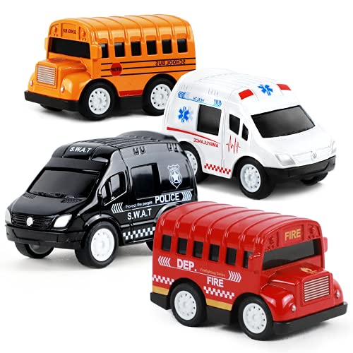 EINSTEM Hot Toddler Wheels Cars 4-Pack 1:64 Diecast Vehicles, Toys for 2,3,4,5 Year Old Boys Girls, Pull Back Matchbox Cars Playset School Bus, Ambulance, Police Car, Fire Truck, Cars for Toddlers