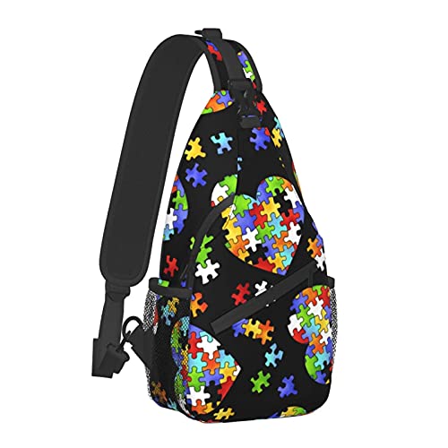 Colorful Autism Awareness Love Puzzle Sling Backpack Chest Bag Waterproof Crossbody Shoulder Bag Hiking Rucksack For Camping Sport