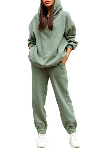 Linsery Sport Hoodie with Jogger Sweatpants Tracksuit Hooded 2 Piece Workout Set Sweatshirt Matching Jogging Suit Green XL