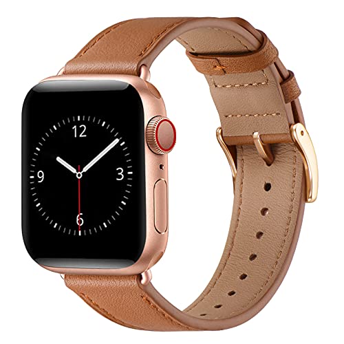 LovRug Band Compatible with Apple Watch Band 38mm 40mm 41mm SE/Series 7/6/5/4/3/2/1 Genuine Leather Business Replacement Band Smart Watch Strap for Men Women(Brown/Rosegold,38mm/40mm41mm)
