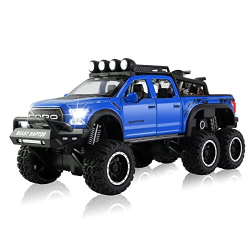 MYJJTYS Toy Pickup F150 six-Wheel (Length 8.6 inch) Metal die-cast Model car Sound and Light with Motorcycle Toy car 3 4 5 6 7 8 9 10 11 12 Year Old boy Toy (Blue)