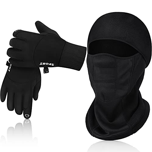 JaGely Winter Balaclava Gloves Set Cold Weather Ski Face Cover Gloves Winter Windproof Warm Full Face Cover and Touchscreen Waterproof Freezer Work Gloves for Men Women (Black,X-Large)
