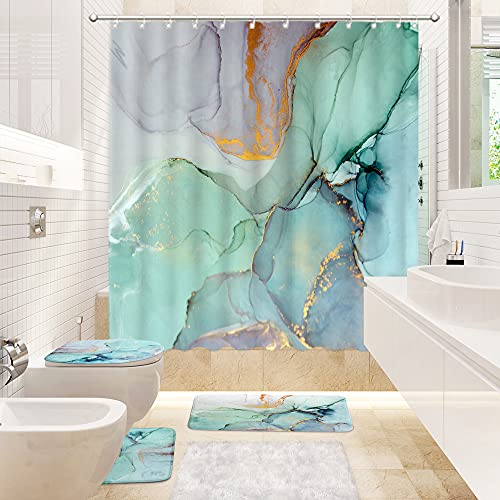 4 Pcs Blue Green Marble Shower Curtain Set with Rugs and Accessories Non-Slip Rug,Toilet Lid Cover,Bath Mat and 12 Hooks,Colorful Abstract Purple Gold Stripes Fabric Machine Washable Bathroom Decor