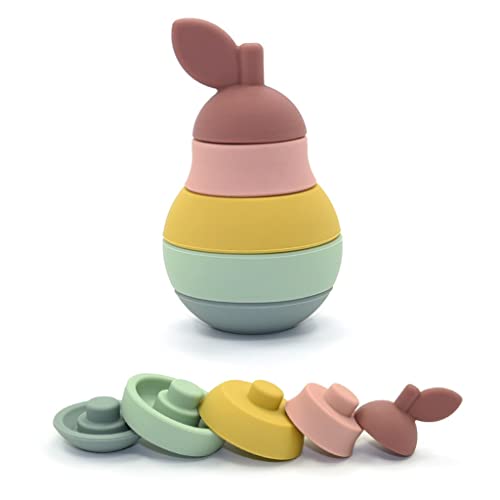 Rosie Bee Silicone Pear Stacker Toy for Kids, Toddlers, Babies – Baby Teether Toys, Stacking, Nesting, Sorting, Puzzle, Blocks, Travel, Bath, Sensory, Gift, Educational, Montessori