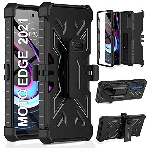 for Motorola Edge 2021 / Moto Edge 5G UW Case: Built-in Screen Protector Kickstand Full-Body Military Grade Three-Layer Protective Shockproof Rugged Phone Cover with Belt Clip Holster Black