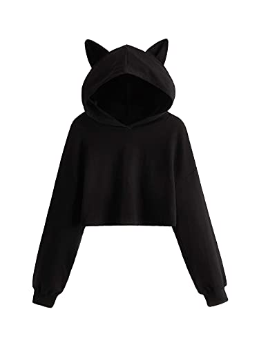 WDIRARA Girl’s Cute Cat Ear Crop Tops Long Sleeve Causal Plain Crop Hoodie Sweatshirt Pullover Shirt with Cat Ear Black 9Y
