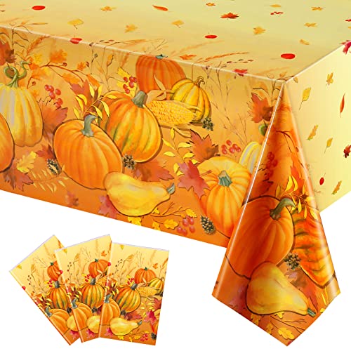 3 Pieces Thanksgiving Pumpkin Tablecloth Decorations Plastic Autumn Gathering Table Cover Pumpkin Harvest Thanksgiving Tablecloth for Thanksgiving Party Decorations and Supplies, 54 x 108 Inch