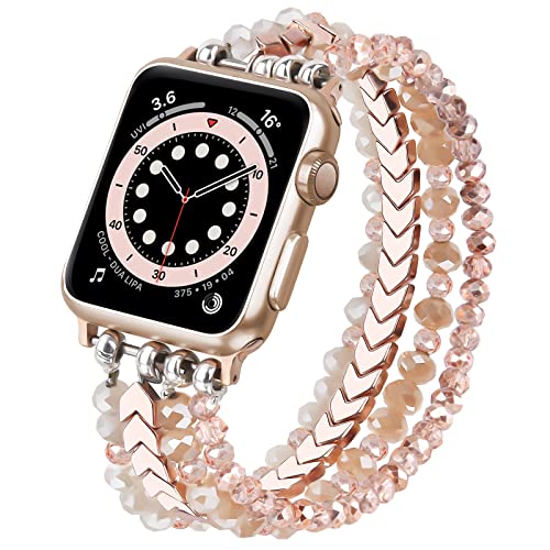 MOFREE Beaded Bracelet Compatible for Apple Watch Band 40mm/38mm/41mm Series 8/7/SE/6/5/4/3/2/1 Women Fashion Handmade Elastic Stretch Strap for iWatch Bands Replacement Rose Gold