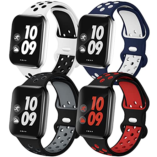 4 Pack Sport Bands Compatible with Apple Watch Band 38mm 40mm 41mm 42mm 44mm 45mm 49mm for Men Women, Soft Silicone Strap Breathable Replacement Band for iWatch Series 8 7 6 5 4 3 2 1 SE/Ultra, Nike+