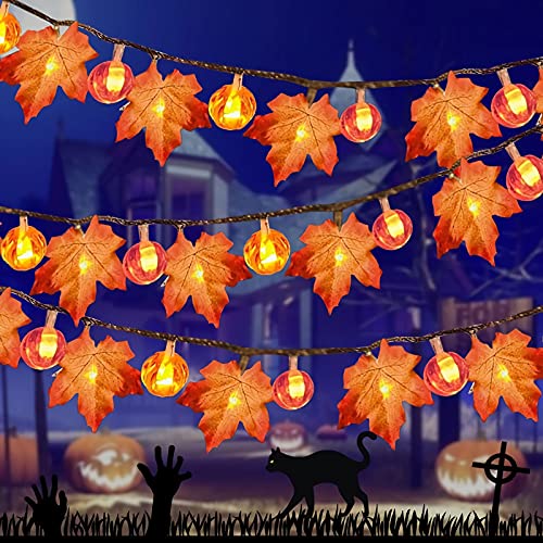 frestar 20Ft/ 40 LED Maple Leaves Light and Pumpkin Light for Thanksgiving Decoration 3AA Battery Operated Home Indoor Party Holiday Decoration