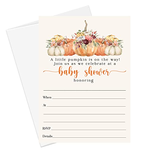 Little Pumpkin Baby Shower Invitations and Envelopes 25 Pack Rustic Invite Fill-In Blank – Fall Gender Reveal Boys Girls Autumn Themed – Printed 5×7 Size Card Set– Paper Clever Party