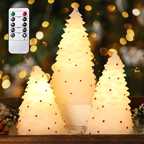 Immeiscent Christmas Flameless Candles,Christmas Tree Carved Candle,Battery Operated Candle Flickering with RemoteTimer,Real Wax Realistic LED Pillar Candle for Christmas,Holiday Decor,Set of 3