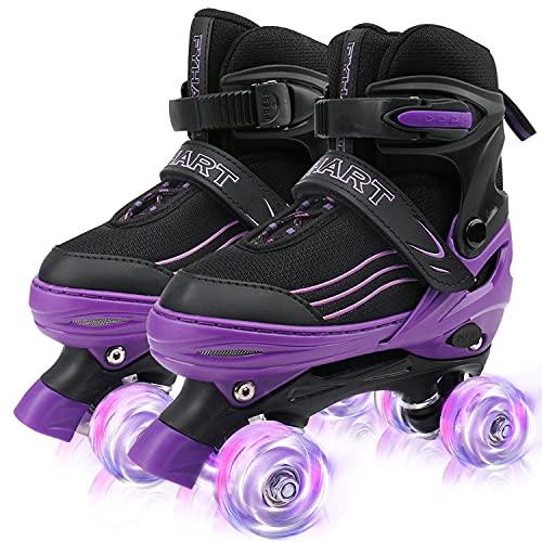 HXWY Kids Roller Skates for Boys Girls Child, Adjustable 4 Sizes Roller Skates for Adult and Youth with Light Up Wheels, Black Purple Patines para niñas for Outdoor Indoor Sports (Large – Youth (4-7)