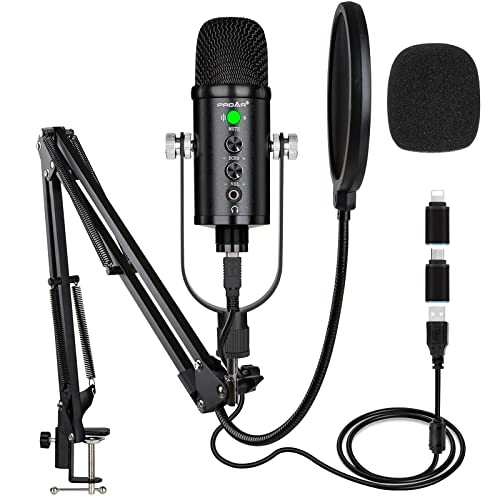 USB Microphone Condenser Computer PC Gaming Mic Podcast Microphone Kit for Streaming,Recording,Vocals,ASMR,Voice,Cardioid Studio Microphone for Phone/Pad/Android/MAC/Laptop/PS4/USB C Phone,YouTube