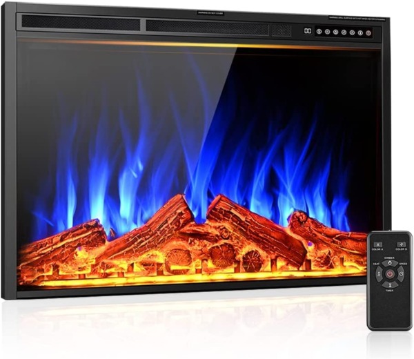Rintuf 34” Electric Fireplace Insert,Electric Fireplace Heater with Touch Screen & Remote,Overheating Protection with Timer,Customed Display:5 Flame Speed & 5 Color & 5 Brightness,750/1500W, Black