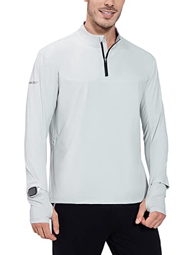 BALEAF Men’s Long Sleeve Running Shirt UPF 50+ Sun Protection Shirt Fishing Hiking Athletic Quarter Zip Pullover Light Grey 2XL