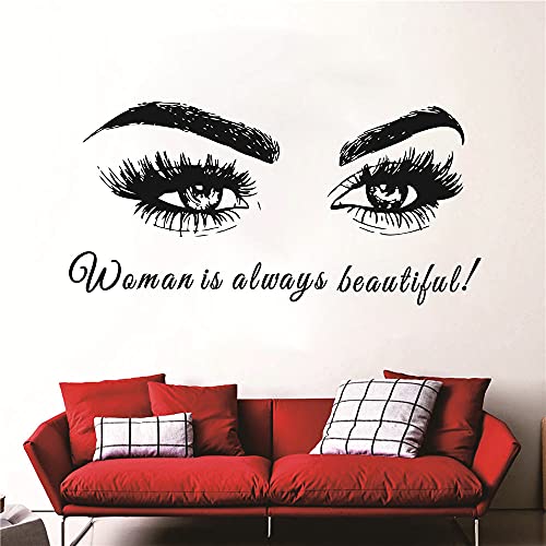 Home Interior Decor Eyes Wall Sticker Beauty Salon Eyelash Lashes Wall Decal Eeybrows Quote Sayings Decoration for Bedroom TM-65 (Woman is Always Beautiful)