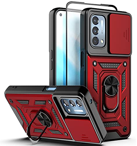 Dretal OnePlus Nord N200 5G Case with Stand Kickstand Ring and Camera Cover with Tempered Glass Screen Protector, Military Grade Shockproof Protective Cover for OnePlus Nord N200 5G（TC-Red