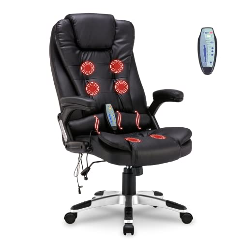 Paddie Ergonomic Executive Massage Office Chair, High-Back PU Leather Desk Chair with Heated 6 Point Vibrating, Swivel Rocking Chair with Padded Armrest and Adjustable Height (Black)