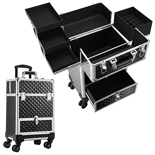 Hododou Rolling Makeup Case Cosmetic Train Case Travel Trolley Cosmetic Storage with Sliding Drawer 4 Trays Makeup Travel Case with Key Swivel Wheels Salon Barber Case Traveling Cart Trunk for Cosmetologist, Nail Tech, Hairstylist – Black