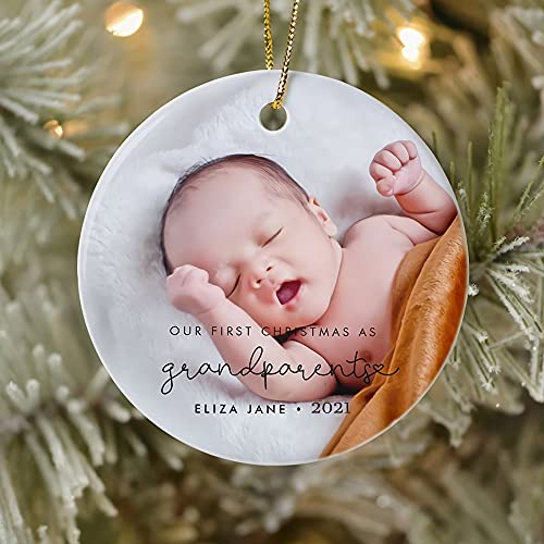 Personalized Christmas Holiday Photo Ornament for New Grandma Grandpa, Our First Christmas As Grandparents 2021 Ornament, Custom Photo Ornament,White