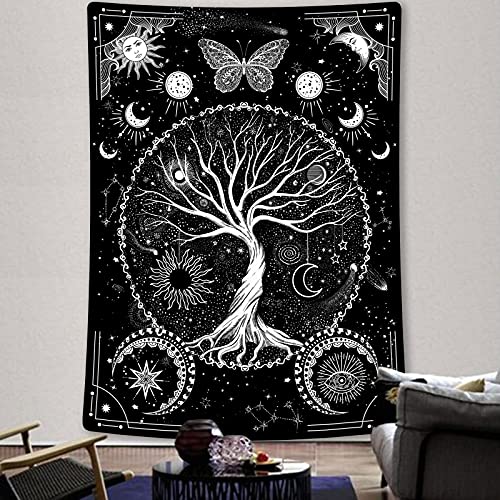 Accnicc Tree of Life Tapestry Black and White Tapestries Butterfly Sun Moon Star Tapestry Wall Hanging Goth Mystic Aesthetic Wall Tapestry for Bedroom Dorm Living Room (Black, 36” × 48”)
