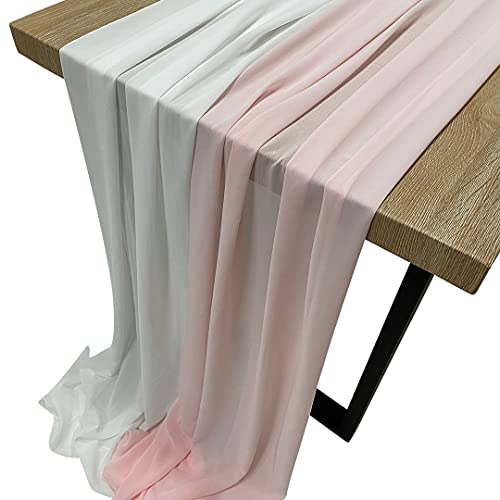 Koyal Wholesale White & Pink Chiffon Table Runner Wedding Decorations Bulk Set of 2 Wide 30″ x 120″ Bridal Fabric