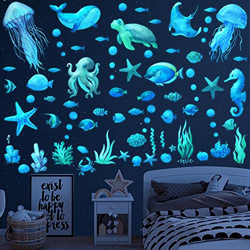 Ocean Fish Wall Decals,Glow in The Dark Under The Sea Wall Decals Sea Life Animals Wall Stickers Removable Waterproof Peel and Stick for Boys Kids Bathroom Watercolor Ocean Creatures Decor(Upgrade)