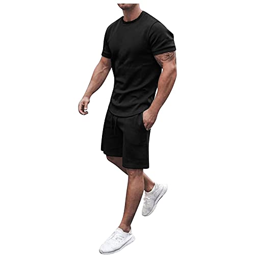 2022 Casual Sport Set for Mens Two Piece Suit Solid O-Neck Short Sleeve Fit Tee Shirts Short Sweatpants Set