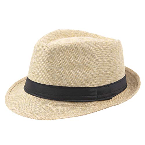 Jazz Hat Men’s Breathable Linen Top Hat Outdoor Sun Hat Curly Brim Straw Linen top Outdoor Sun UV Protection Beige