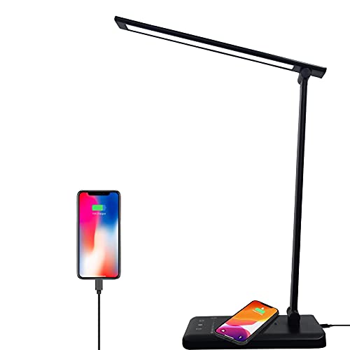 LED Desk Lamp with Wireless Charger, USB Charging Port, Table Lamp with 5 Lighting Modes & 10 Brightness Levels, Touch Control, Auto Timer, Dimmable Desk Light for Home Office (Black)