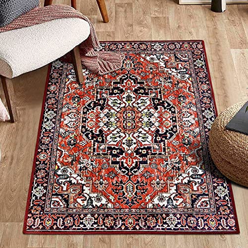 Misiffa Vintage Oriental Medallion Area Rug, Non-Slip Washable Low-Pile Indoor Accent Throw Rug, Floor Carpet for Kitchen Mat Bedroom Living Room Entryway Dorm Home Decor (Red, 3x5ft)