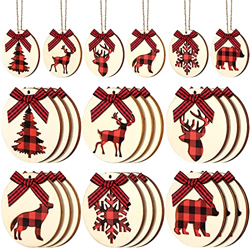 24 Pieces Christmas Hanging Wooden Ornaments Round Red Buffalo Plaid Ornaments Xmas Tree Snowflake Deer Wood Tags Holiday Rustic Wood Slice with Bow and Rope for Christmas Home Party (Classic Style)